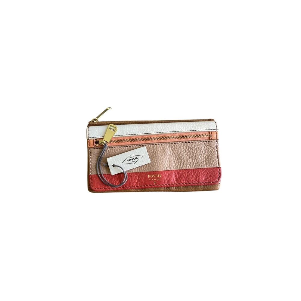NWT Fossil Preston Flap Snap Bi-fold Long Wallet Clutch Pink Stripe Leather Zip